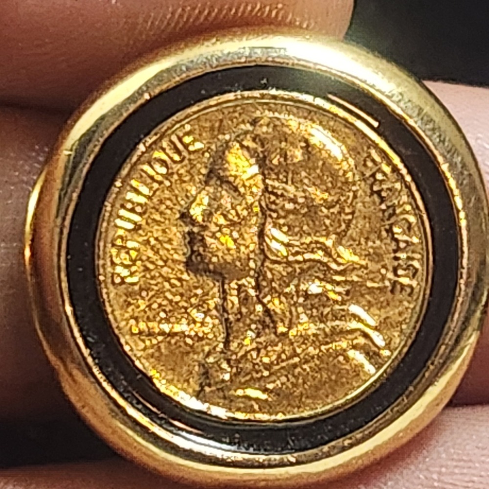 Vintage French Coin Clip On Earrings Gold Tone Republique Francaise Round 1 Inch